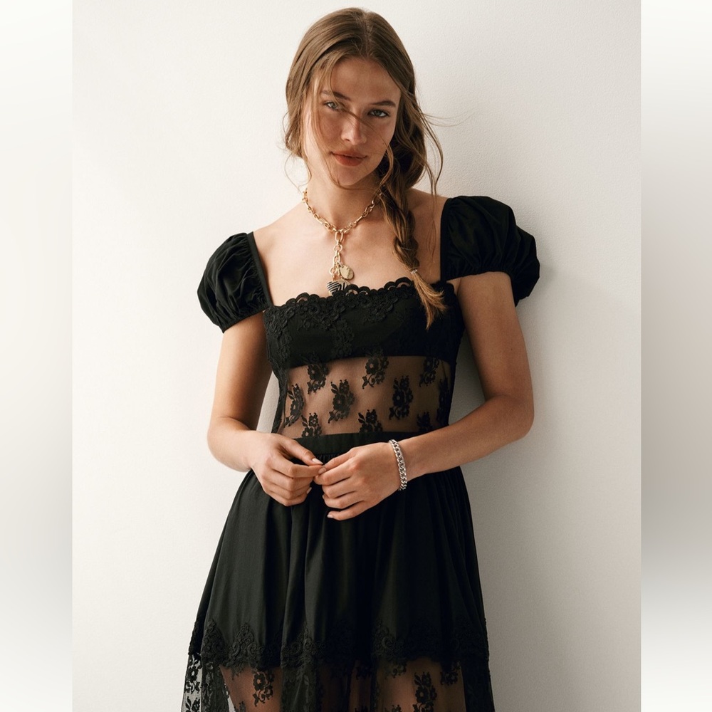For Love And Lemons Liya Lace Black Sheer Lace Midi Dress